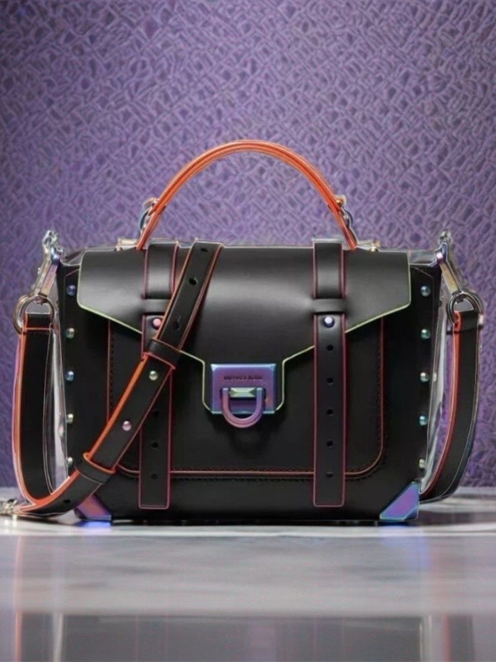 New! Michael Kors Black/Neon Manhattan Med Top Handle Satchel w/ Contrast Trim